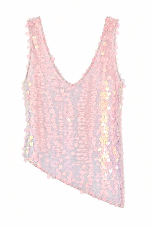 Kesimi Asimetrik Model Payetli Bluz Pembe