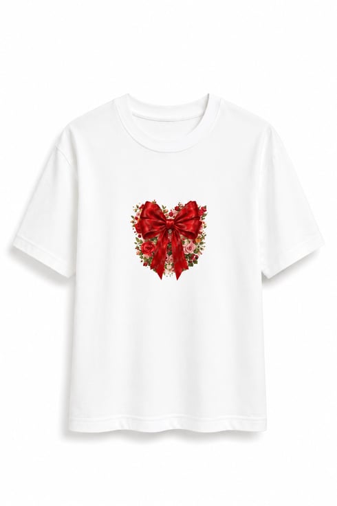 Kırmızı Fiyonk Baskılı T-shirt Beyaz