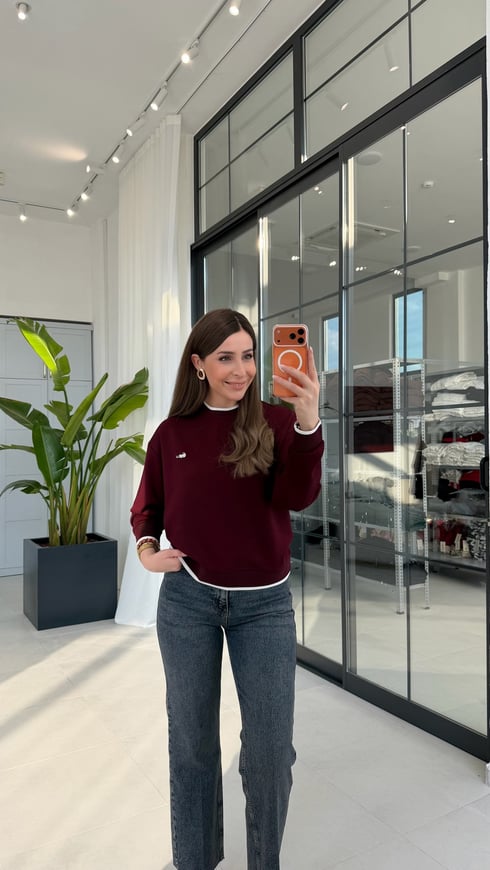 Manşetli Modal Sweatshirt Bordo