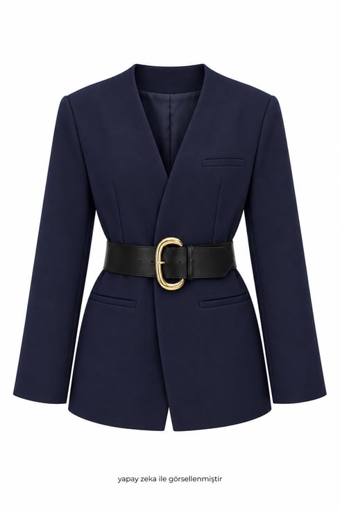 Mare Kalın Kemerli Blazer Ceket Lacivert