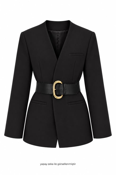 Mare Kalın Kemerli Blazer Ceket Siyah