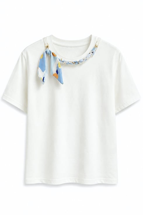 Mavi Fularlı T-shirt Ekru