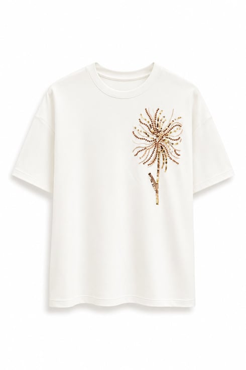 New Boncuklu Payetli T-shirt Beyaz
