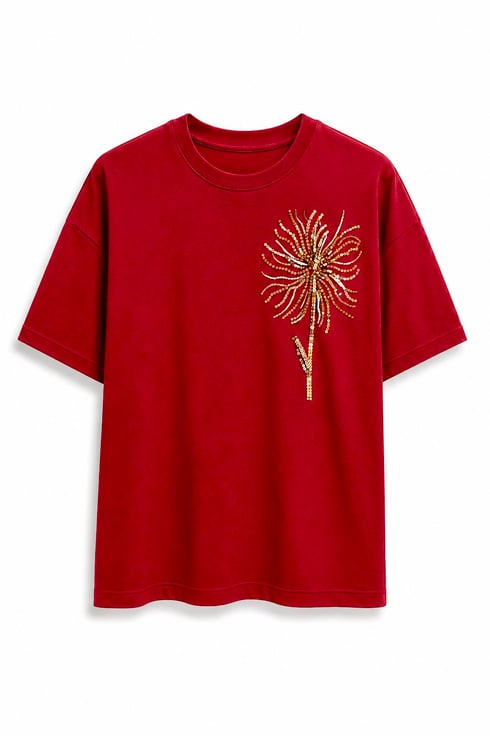 New Boncuklu Payetli T-shirt Kırmızı