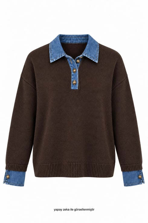 Out Manşetleri Denim Triko Bluz Kahverengi