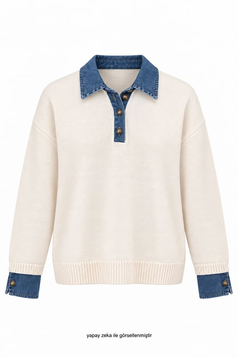 Out Manşetleri Denim Triko Krem