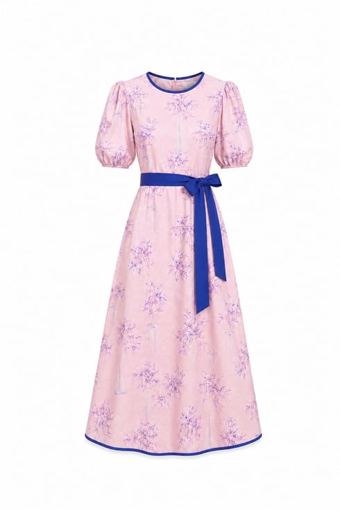 Palmiye Baskılı Kuşaklı Elbise Pembe