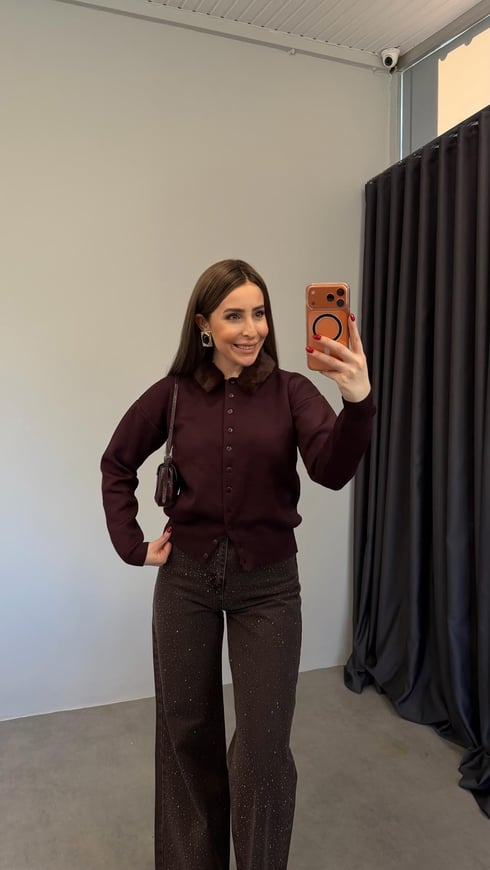 Peluş Kürk Yakalı Triko Hırka Bordo