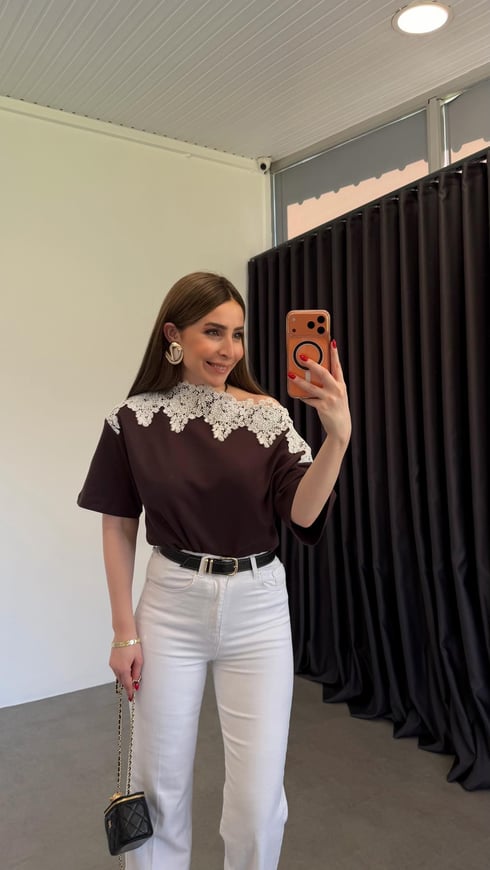 Pizzo Dantel Yakalı Bluz Kahverengi