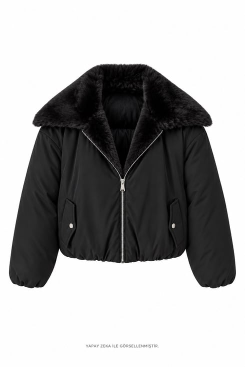 Puffy Peluş Yakalı Mont Siyah