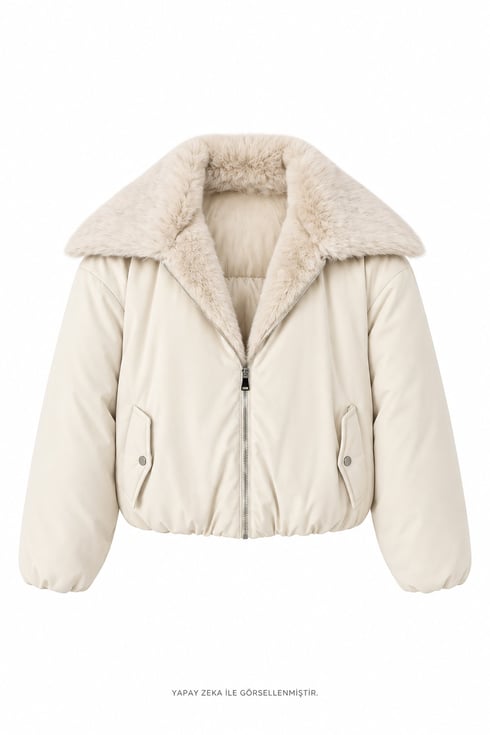 Puffy Peluş Yakalı Mont Taş Rengi