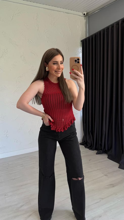 Rojo Sıfır Kol Ajurlu Triko Bluz Kırmızı