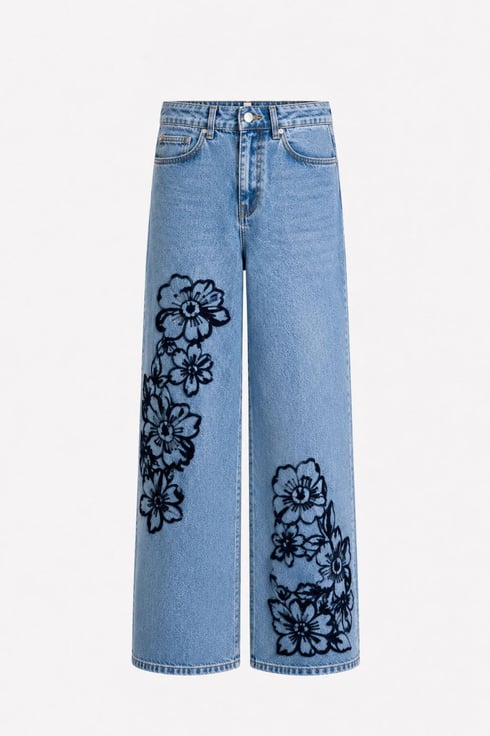 Roseleg İşlemeli Jean Mavi