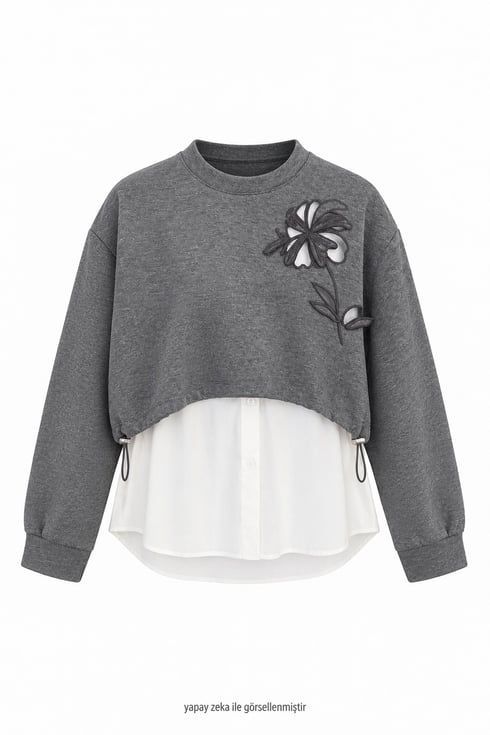 Ross Çiçek Aplikeli Sweatshirt Gri