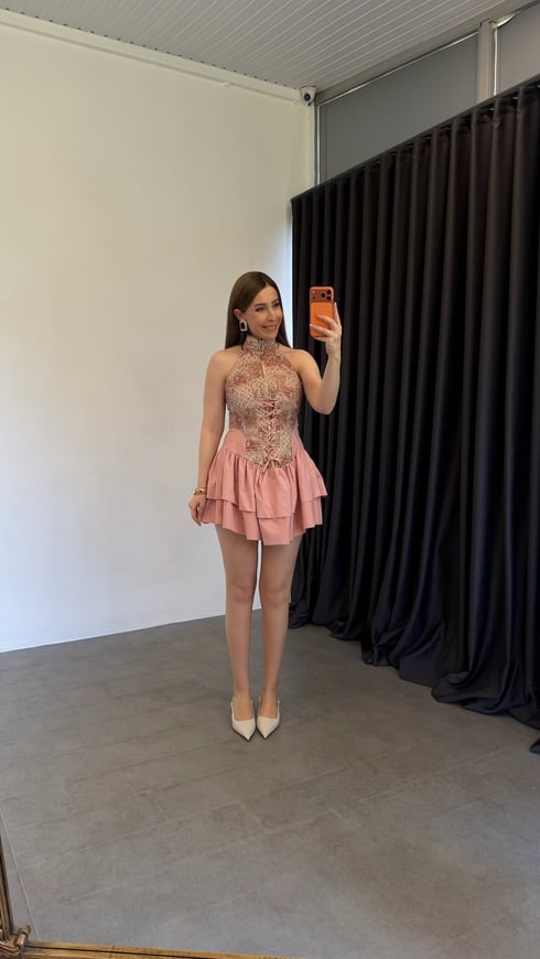 Sırt Dekolteli Korse Model Eteği Fırfırlı Elbise Pembe