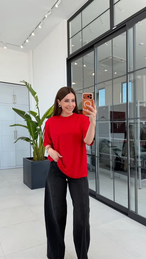 Sırtı Kalpli Taş Detaylı Vatkalı T-shirt Kırmızı