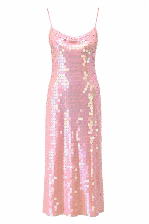 Spaget Askılı Pullu Payetli Midi Elbise Pembe