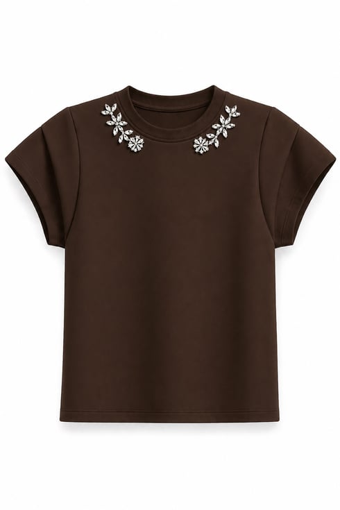Taş Yakalı Modal Vatkalı T-shirt Acı Kahve