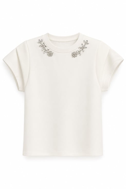 Taş Yakalı Modal Vatkalı T-shirt Ekru