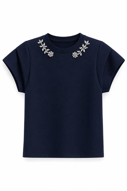 Taş Yakalı Modal Vatkalı T-shirt Lacivert
