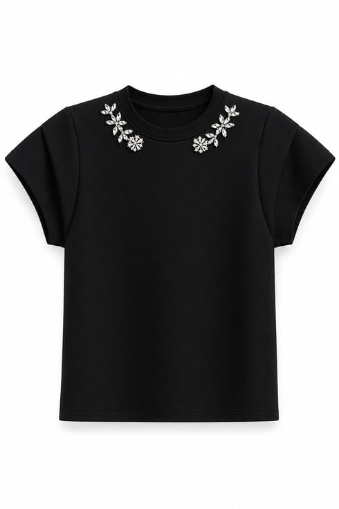Taş Yakalı Modal Vatkalı T-shirt Siyah