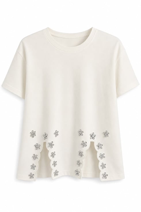 Taş Yırtmaçlı Basic T-shirt Ekru