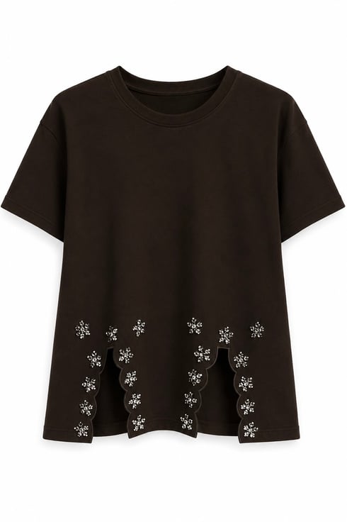 Taş Yırtmaçlı Basic T-shirt Kahverengi