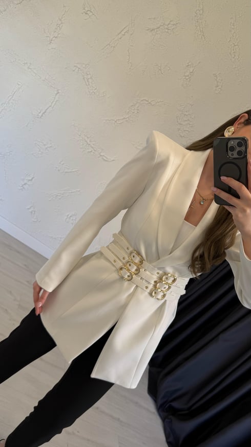 Tasarım Tokalı Blazer Ceket Ekru