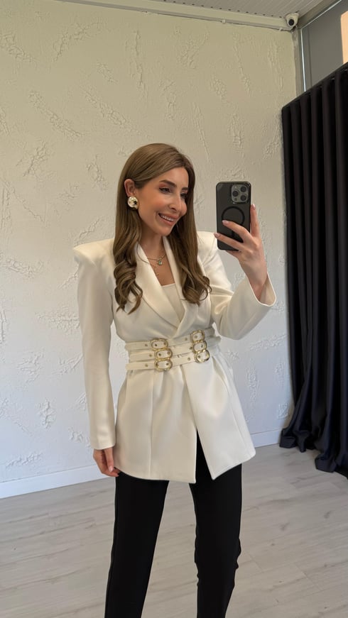 Tasarım Tokalı Blazer Ceket Ekru