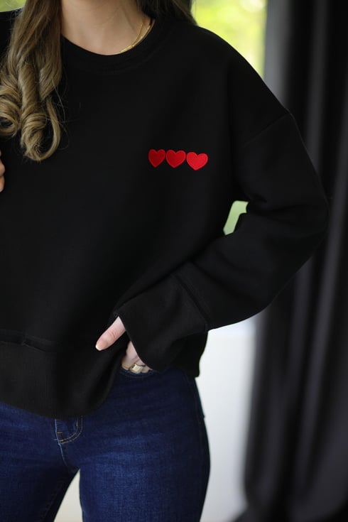Three Heart Sweatshirt Siyah