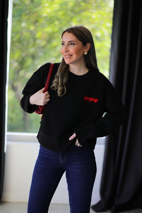 Three Heart Sweatshirt Siyah