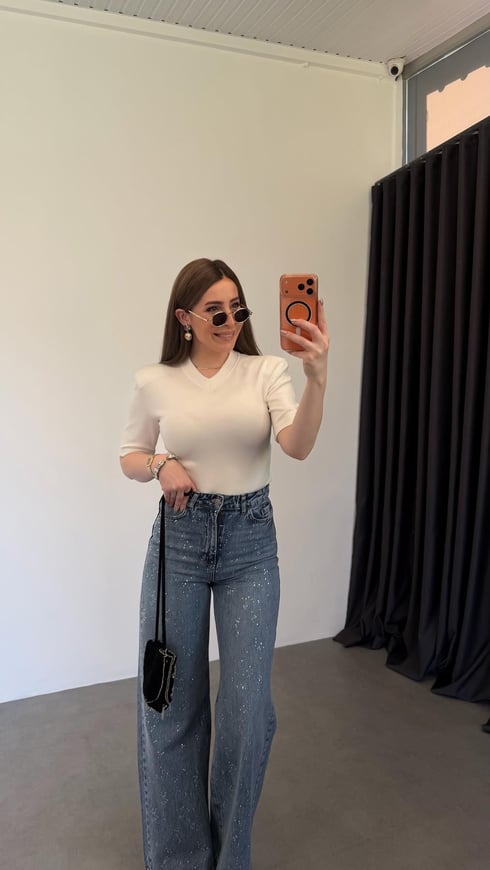V Yaka Vatkalı Modal Bodysuit Ekru