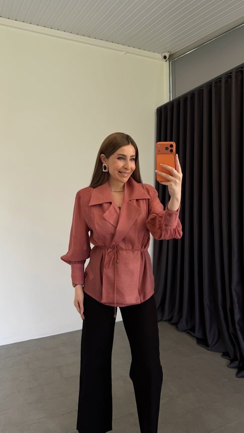 Vatkalı Belden Bağlamalı Tensl Gömlek Kiremit
