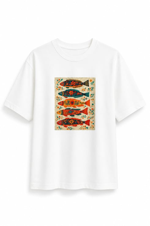 Vintage Balık Baskılı T-shirt Beyaz