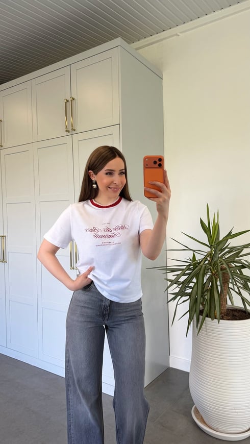 Yaka Kısmı Örme Detaylı T-shirt Beyaz