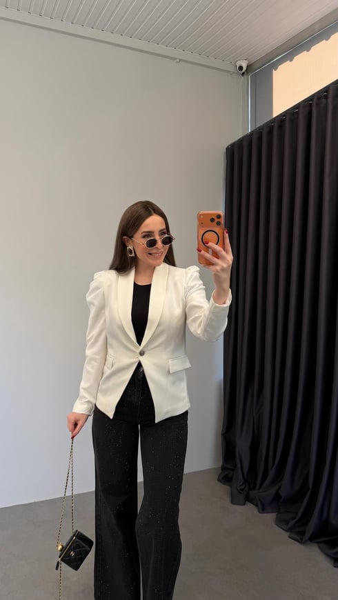 Balon Kol Vatkalı Blazer Ceket Ekru
