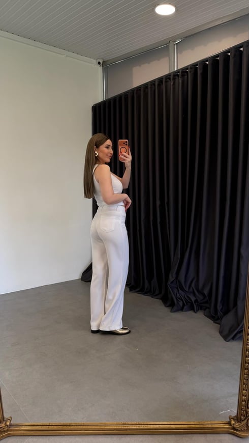 Dökümlü Tensl Denim Pantolon Beyaz