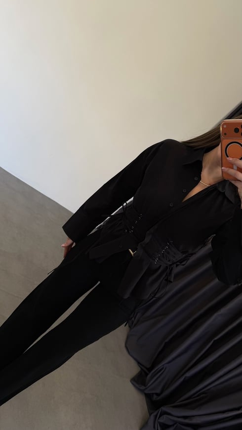İpli Bağcıklı Gömlek Siyah