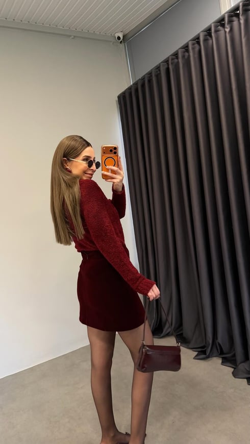 Kadife Tok Mini Etek Bordo