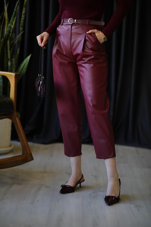 Kemerli Deri Pantolon Bordo