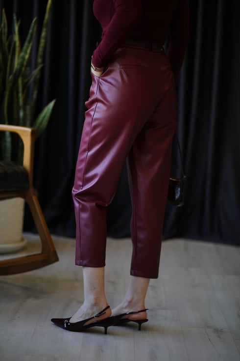 Kemerli Deri Pantolon Bordo