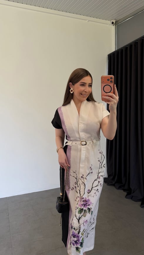 Lila Çiçekli Elbise Ekru