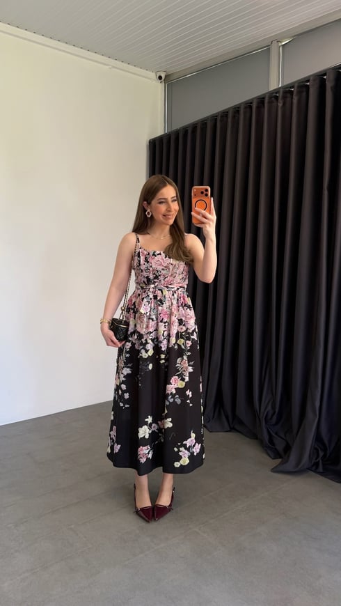 Lilyum Çiçekli Elbise Siyah