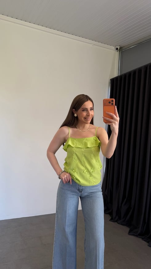 Lime Askılı Nakışlı Bluz 