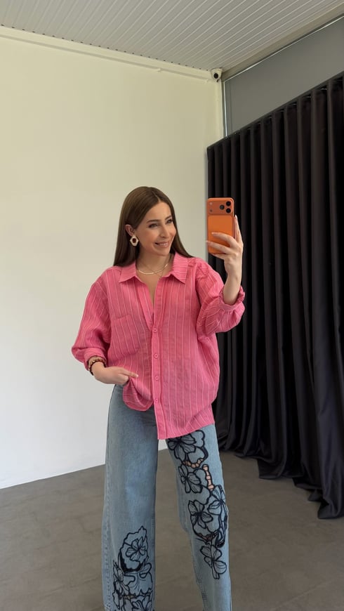 Orel Dik Çizgi Detaylı Gömlek Pembe