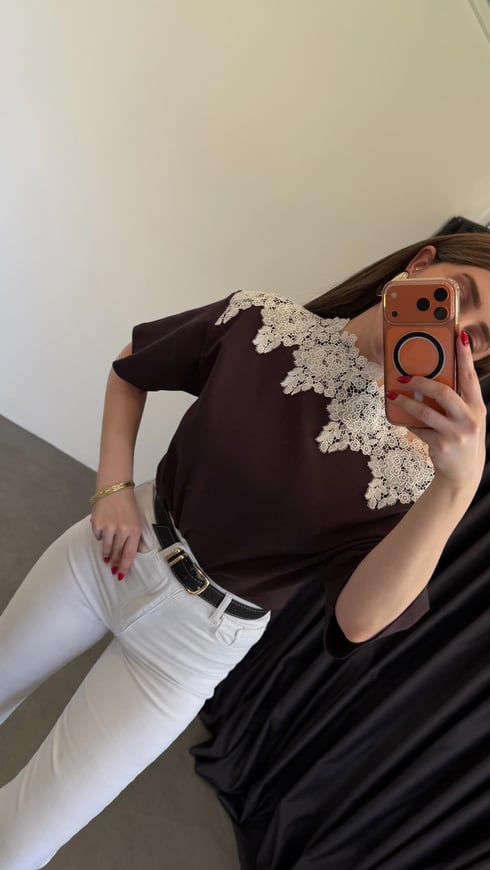 Pizzo Dantel Yakalı Bluz Kahverengi