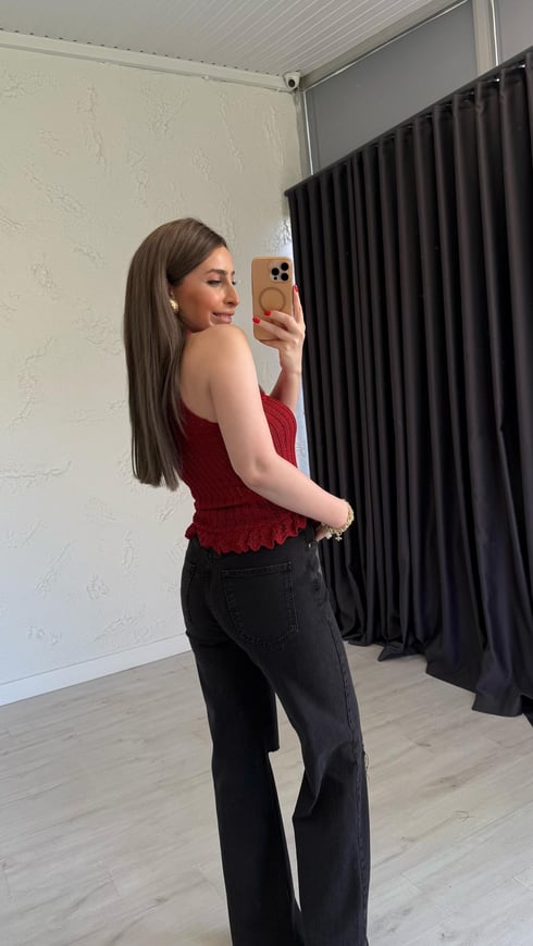 Rojo Sıfır Kol Ajurlu Triko Bluz Kırmızı