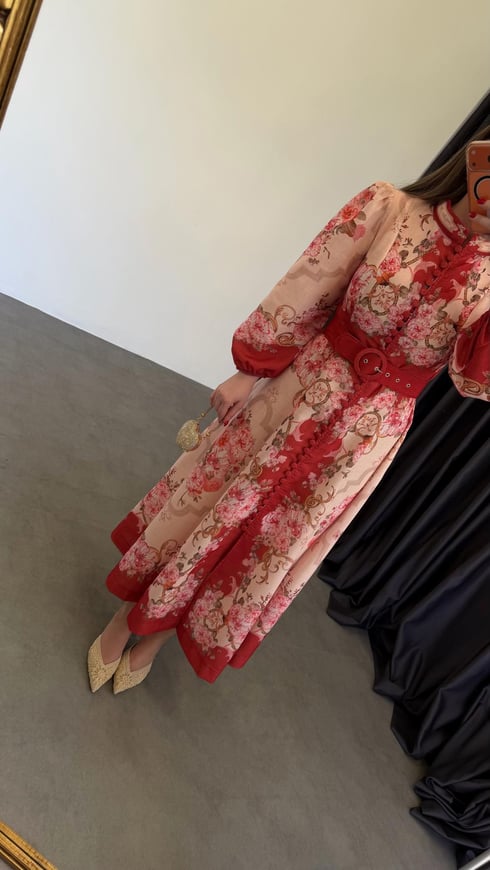 Rose Baskılı Keten Doku Elbise Kırmızı
