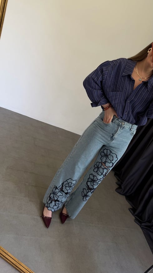 Roseleg İşlemeli Jean Mavi