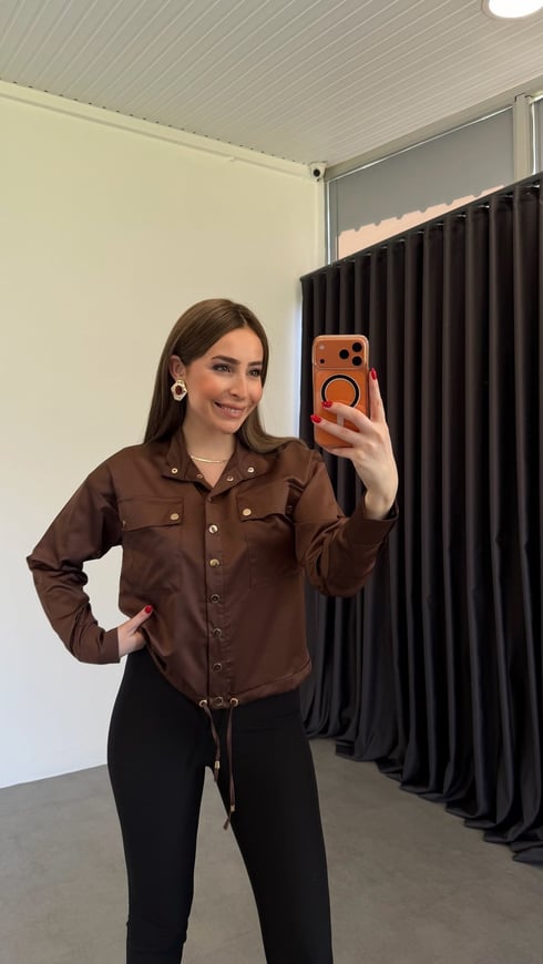 Saten Çıtçıtlı Gömlek Kahverengi
